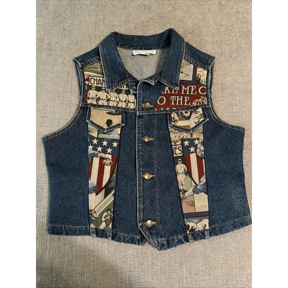 Vintage Denim Vest Women's XL Handmade In USA Baseball Themed Single Stitch 80's
